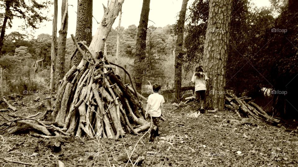 Kids play in the forest with trees hide