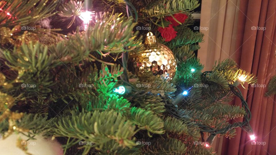 Christmas tree decorations and Christmas lights.