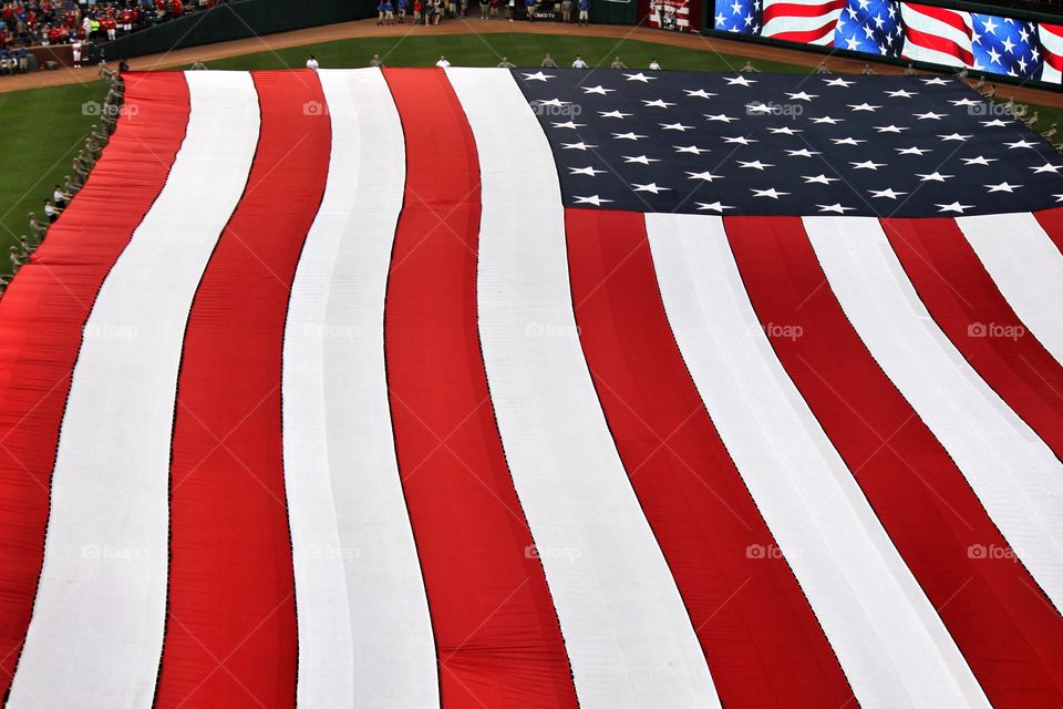 The red, white, and blue. Giant American flag at globe life park in Arlington Texas