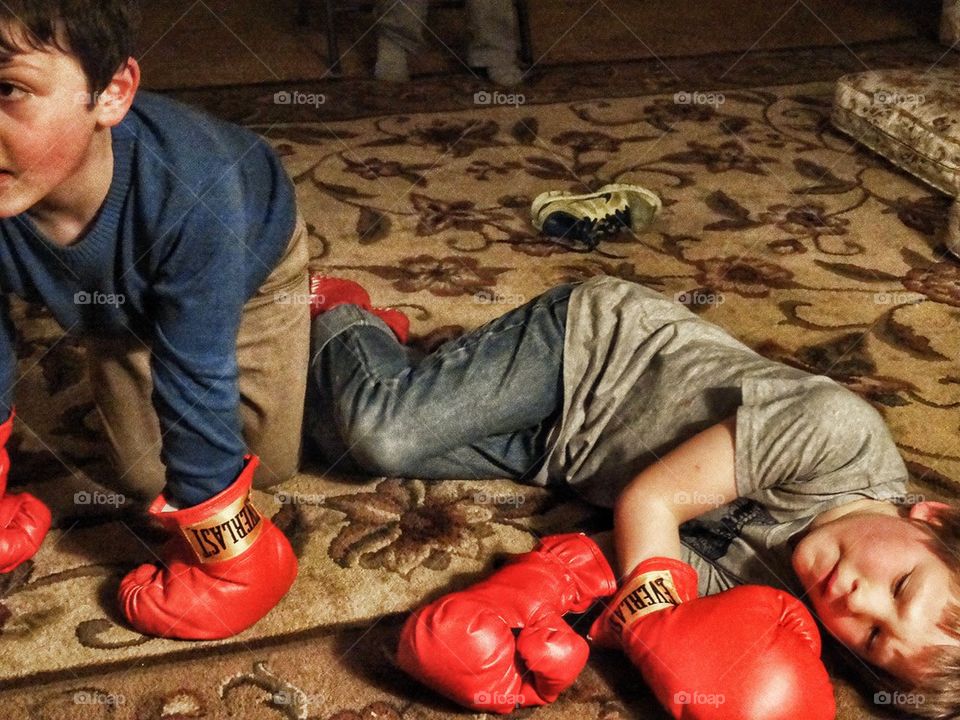 Boxing Match. Young Brothers With Boxing Gloves
