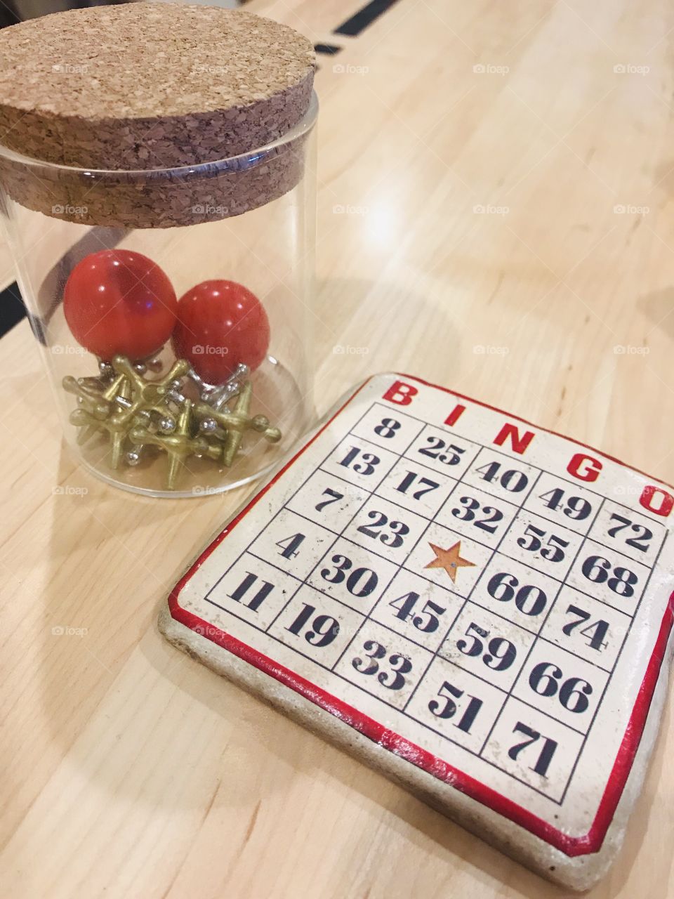 Fun photo of two of my hobbies including BINGO and jacks! Love the board games!! 