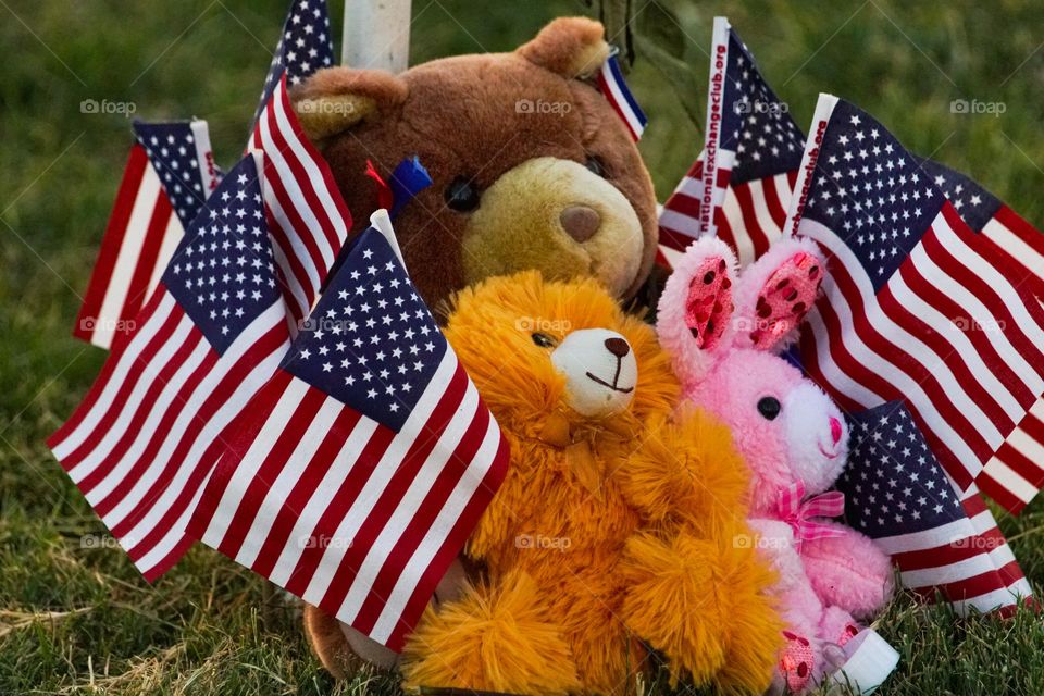 Teddy bears and American flags are part of a display in a park