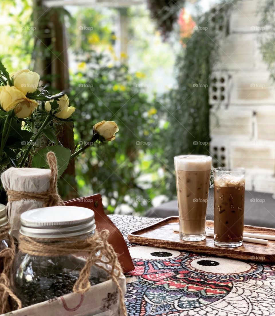 Black coffee and milk coffee at a coffee shop name Boho Corner. It’s quite sweet but everything is ok. Join them in a coffee with a flower garden around is very interesting.