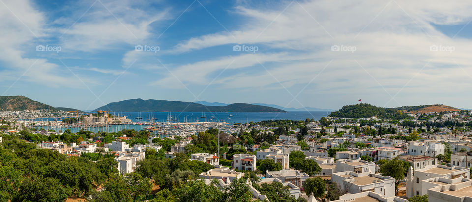 Panoramic view at Bodrum town with peninsula and castle - one of Seven Wonders of the Ancient World. Turkey.