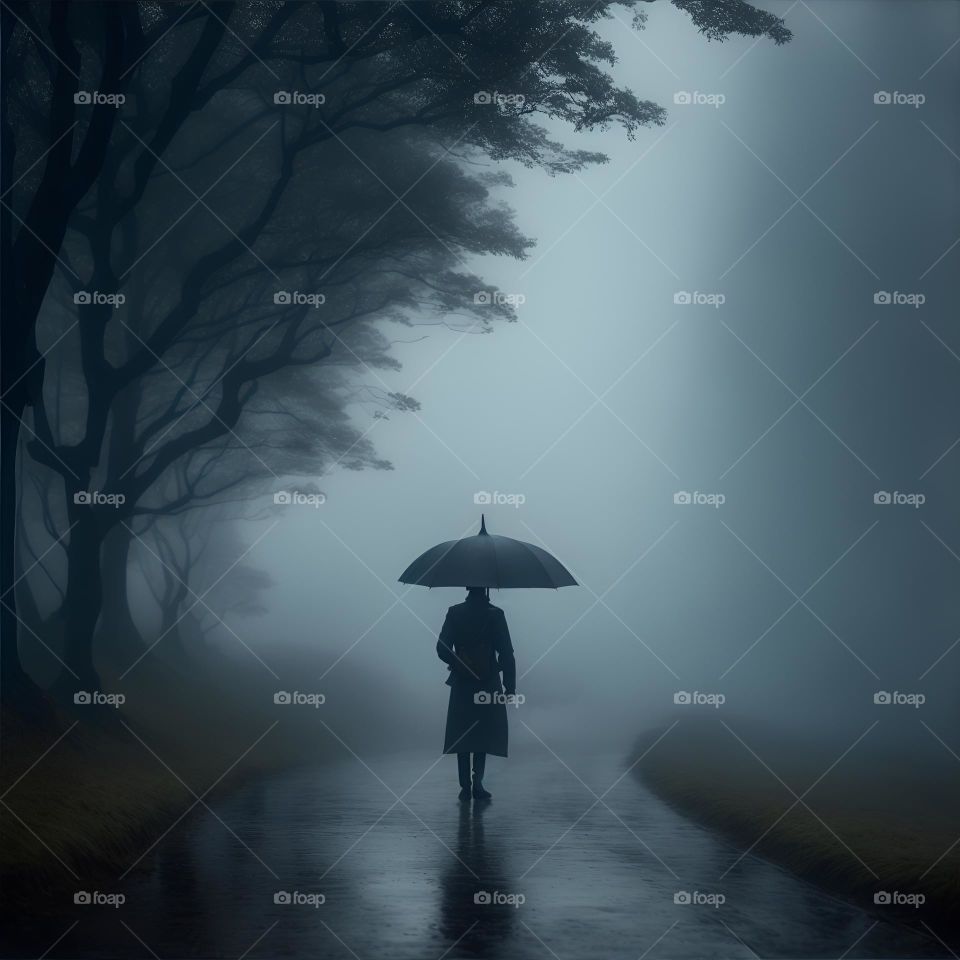 A Alone Person walking in Dark Misty forest, sense of mystery and loneliness