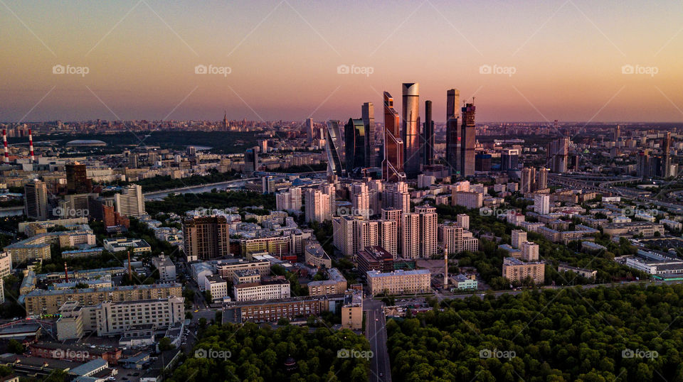 Aerial Landscape of Moscow city downtown skyscrapers. Magic hour sunset