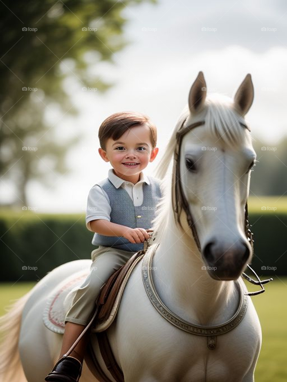 Cute baby riding a beautiful white horse
