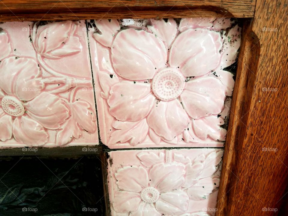 Pink Vintage Ceramic Tile on Fireplace Surround