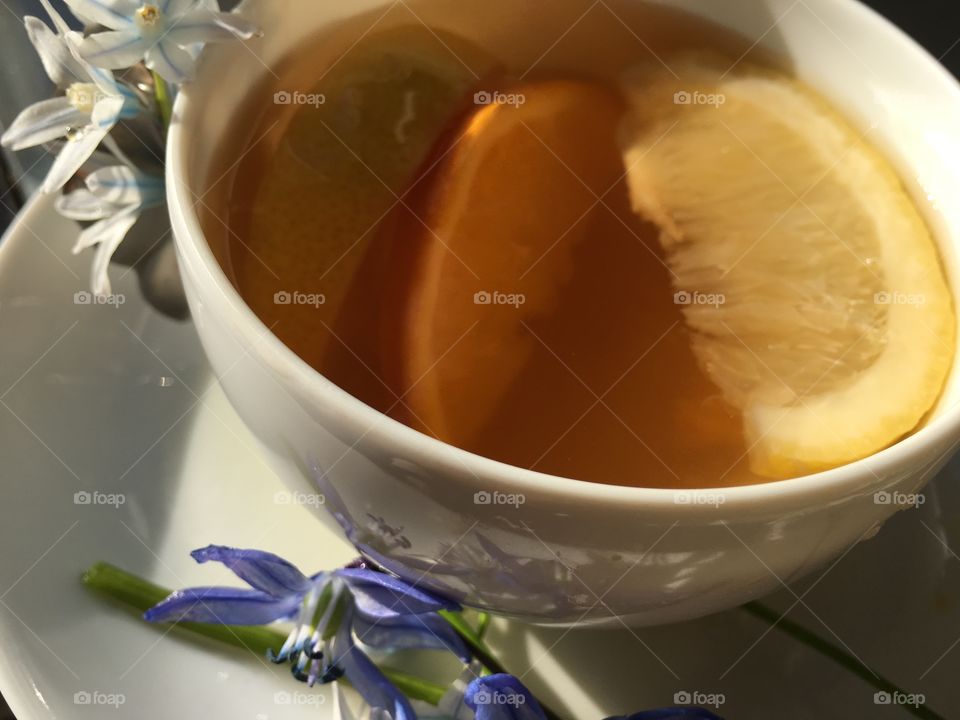 Low angle view of tea in white cup and saucer with citrus fruit and flowers 