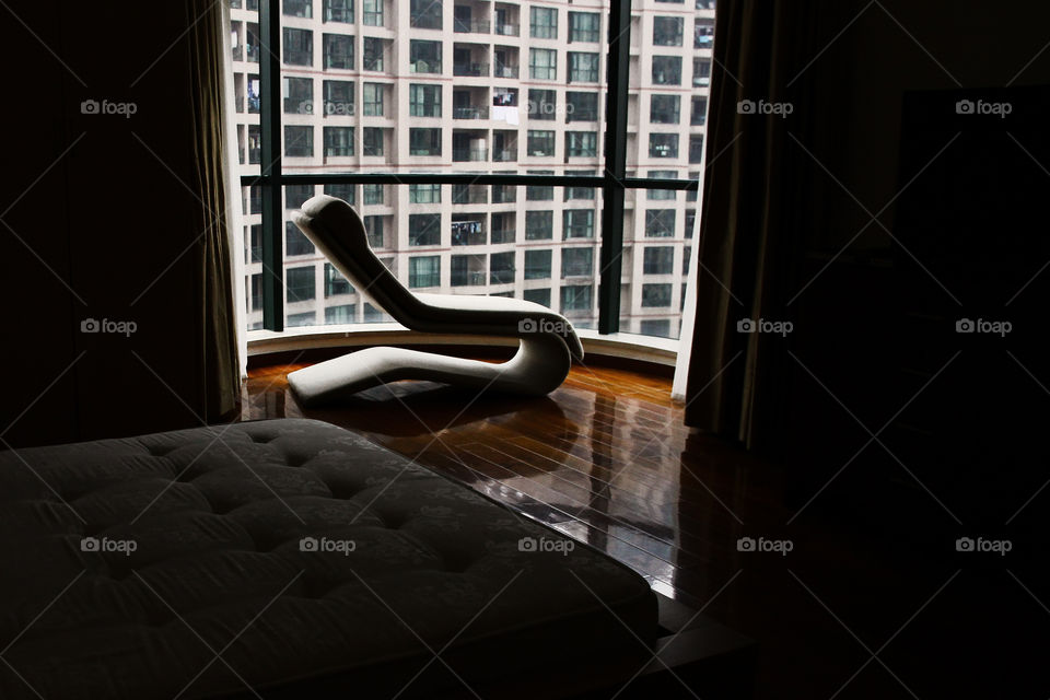 chair with a view. A chair with a view on shanghai, china.