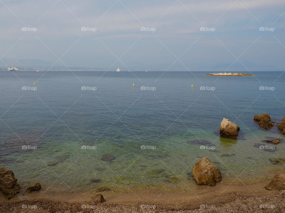 Scenic view of the blue water off the coast of Antibes in the south of France.