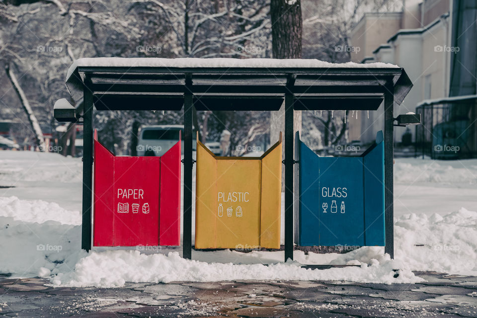 close up view of three segregation garbage cans sorting recycling disposal refuse bin