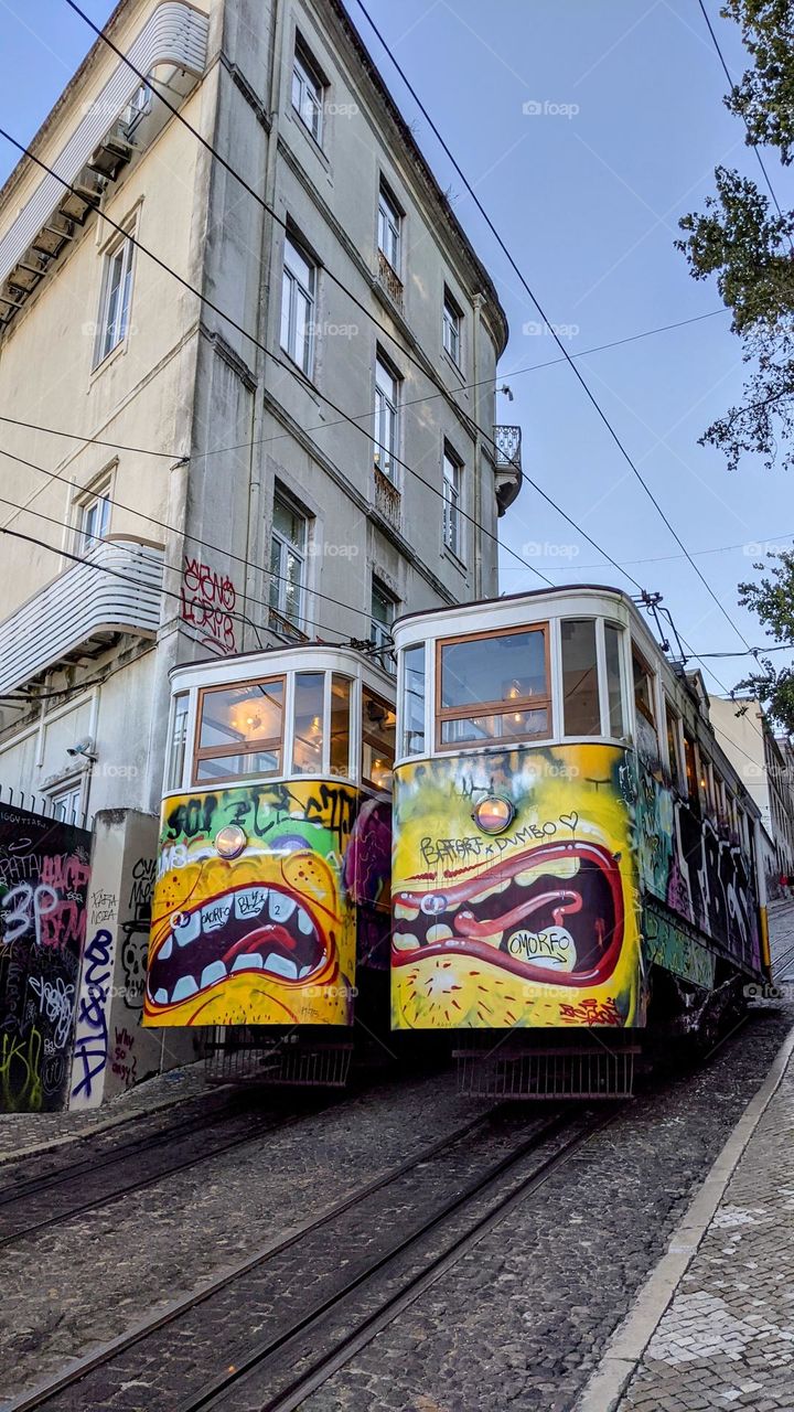 ugly faces tram, Lisbon Portugal. public transport in the hills