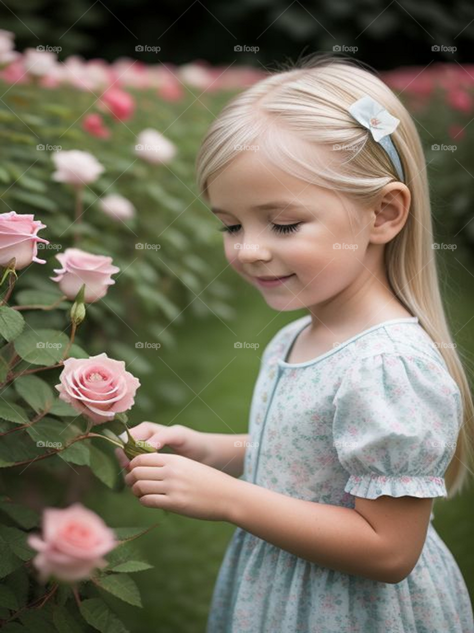 Cute blonde girl picking roses