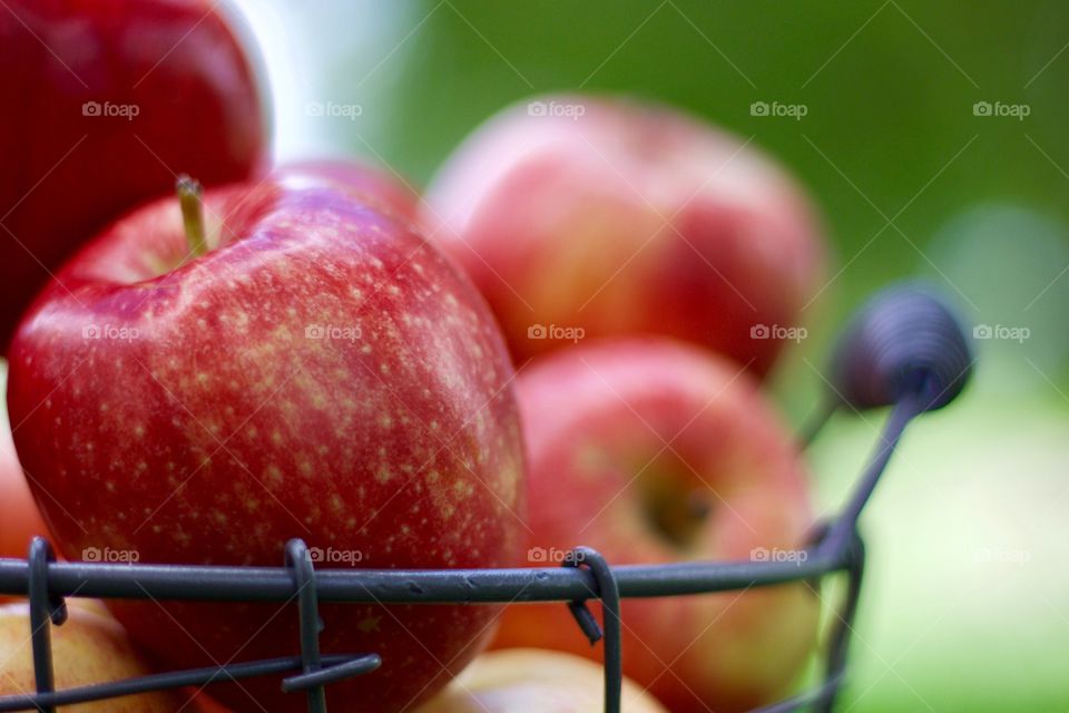 Fruits! - Apples in a wire basket on the grass against a background of blurred trees