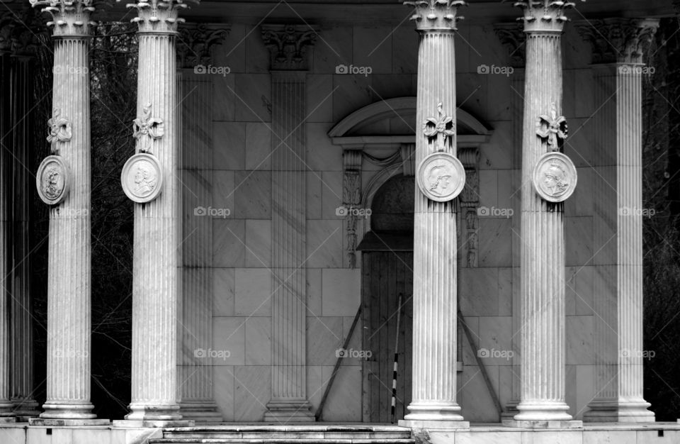 Black and white shot of architectural columns.