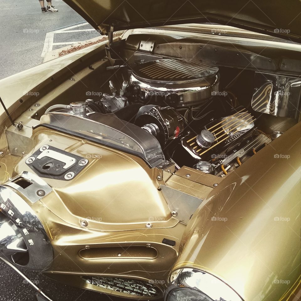 golden engine. classic car show