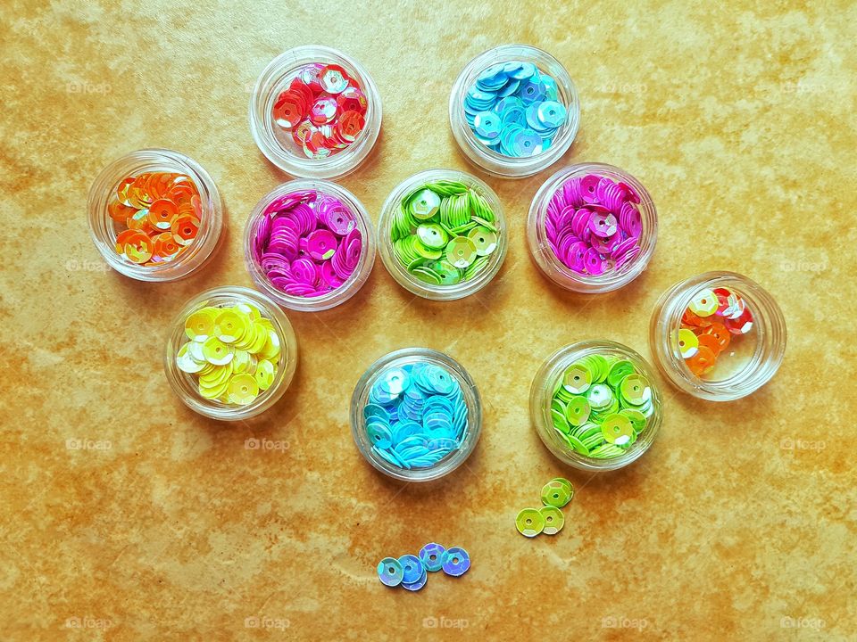 High angle view of beads in bowl