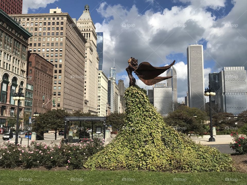 Organic vegetal hybrid sculpture on Michigan Avenue in downtown Chicago, Illinois