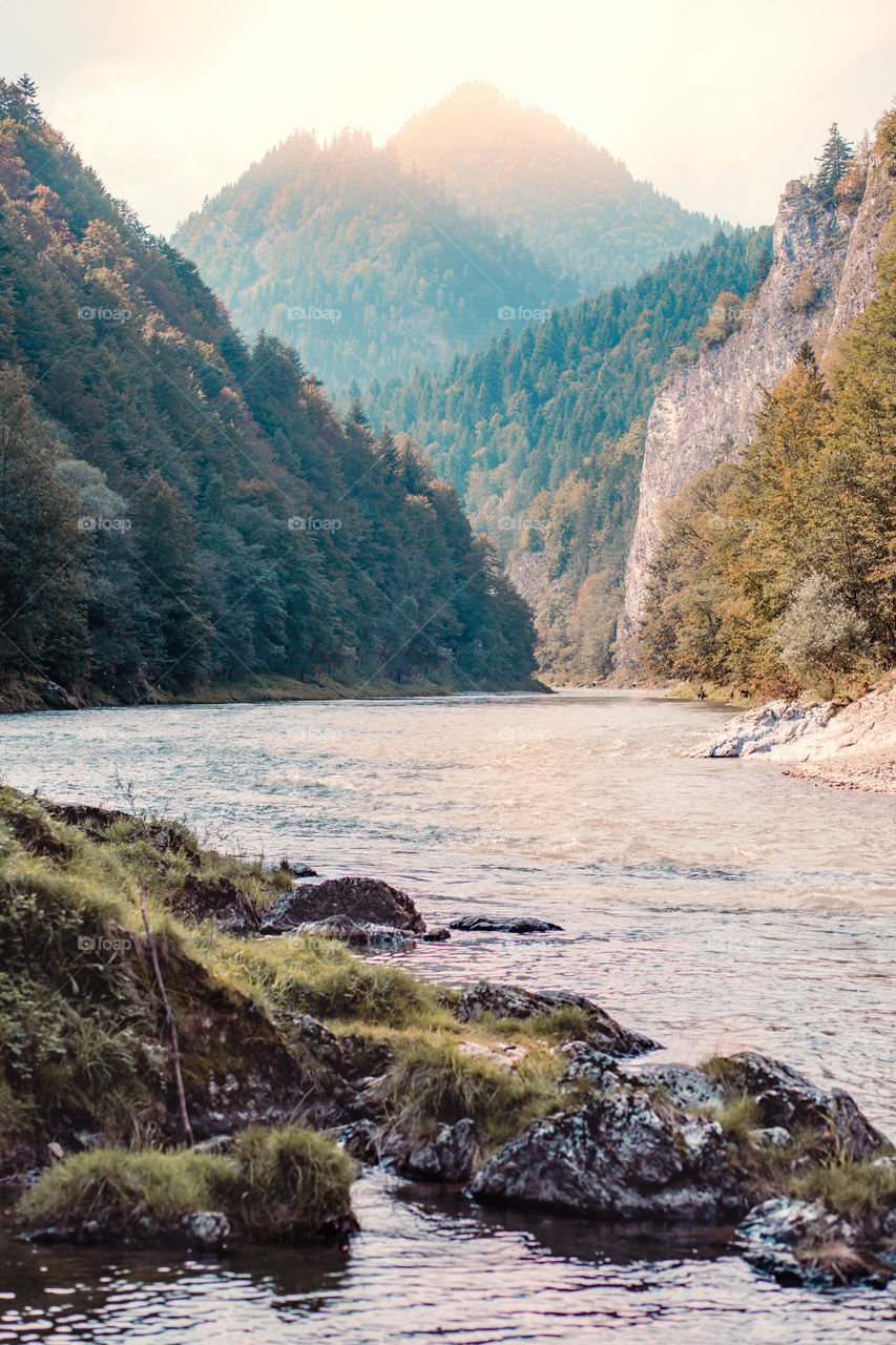 Mountain river valley landscape. Beautiful natural scenery before sunset. Dunajec river at the foot of Trzy Korony (Three Crowns) peak in the Pieniny Mountains