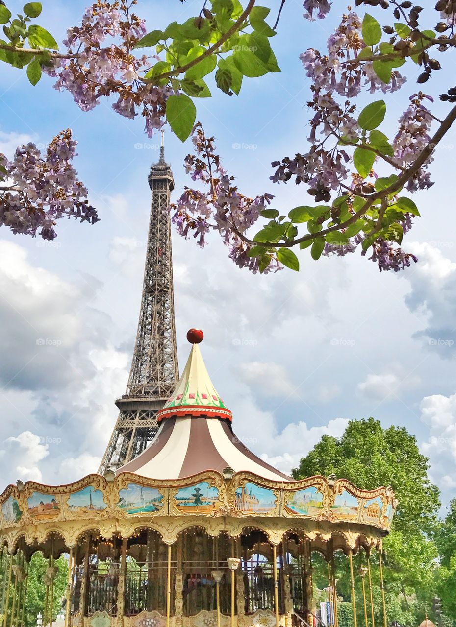 Eiffel Tower and carrousel in Paris, France 