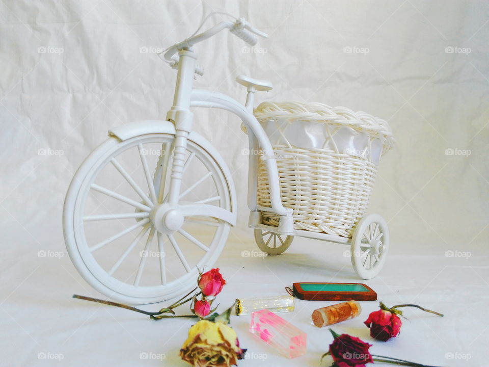 decorative toy bike and dried rose buds