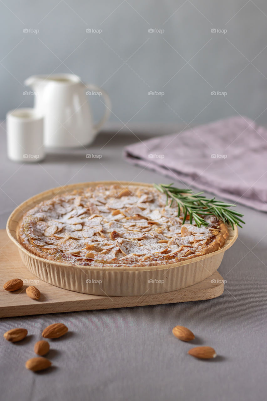 Selective focus to homemade almond pie on the table.