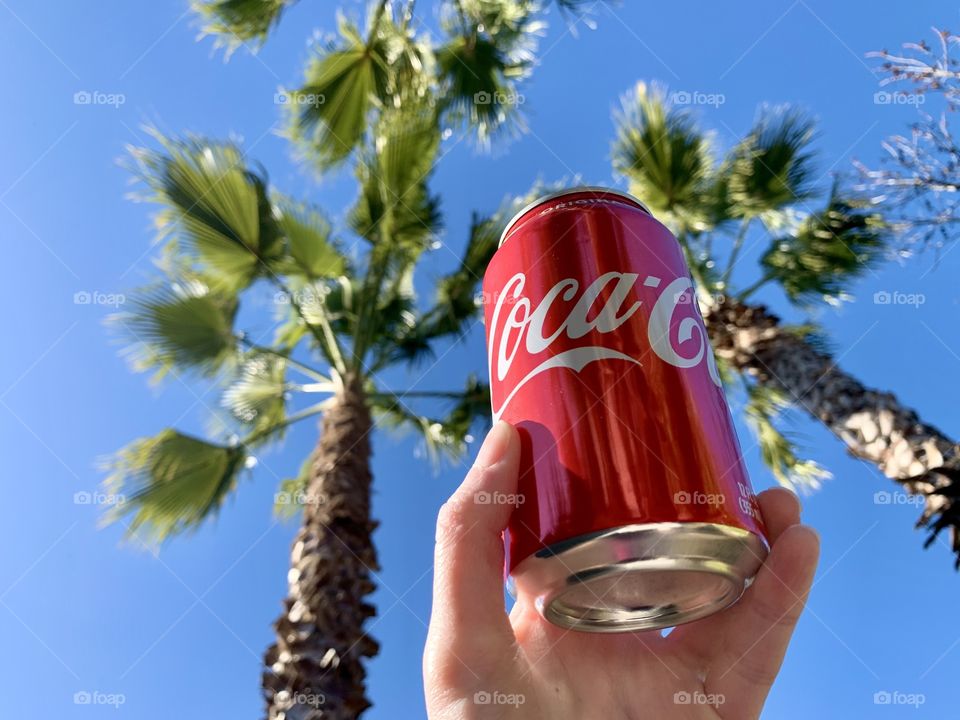 Holding coke can amongst the tropical palm trees 