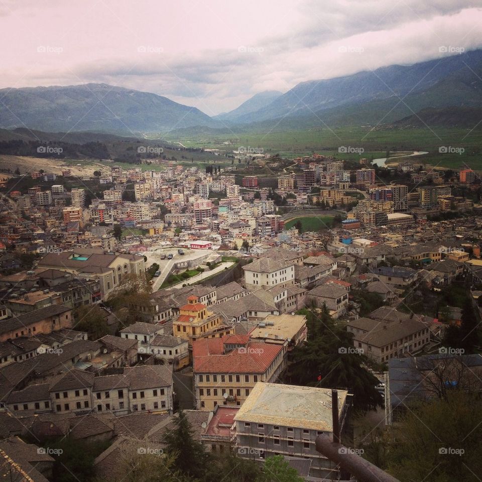 The gray city if gjirokastra with te stadium in the middle