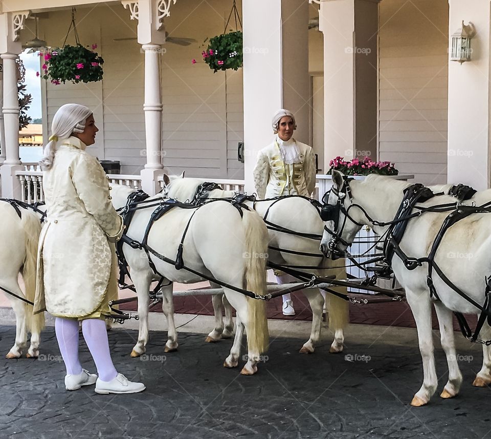 Footmen in waiting.  Cinderella’s carriage at the wedding chapel at the Grand Floridian, waiting for the bride and groom. 