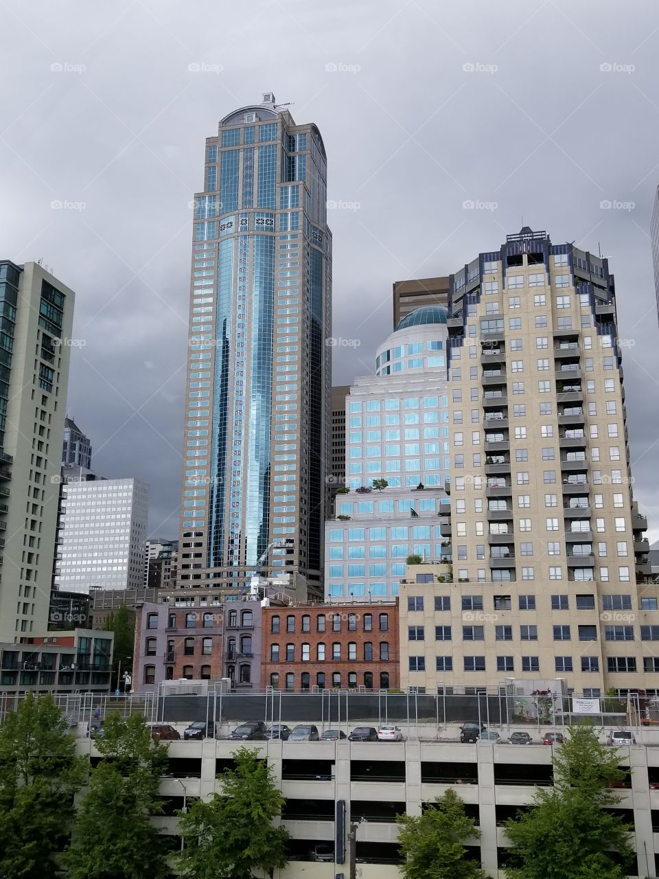 Spring day in Seattle, blue glass skyscraper no edits!