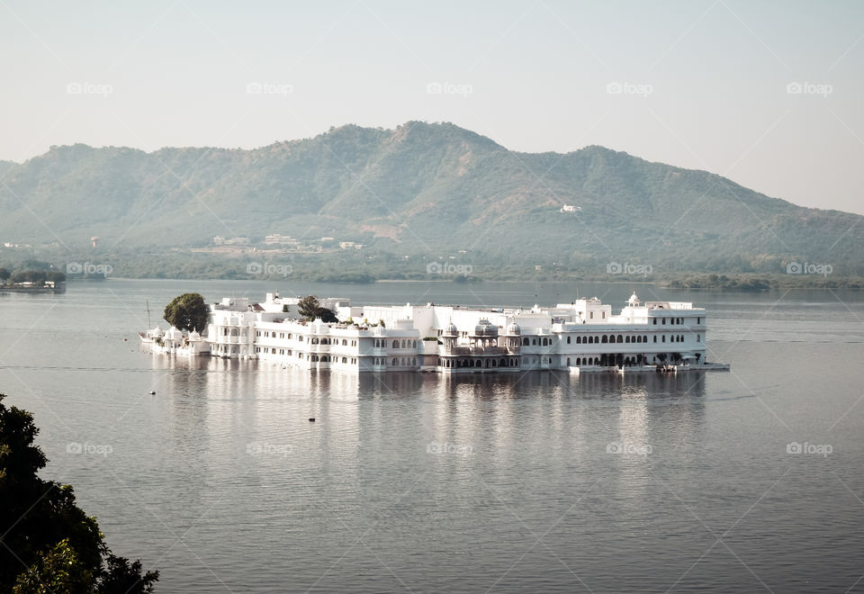 Lake Pichola, Udaipur city, Indian state of Rajasthan, May 2019 – Artificial fresh water lake, named after Picholi village. Two islands, Jag Niwas and Jag Mandir are located within Pichola Lake.