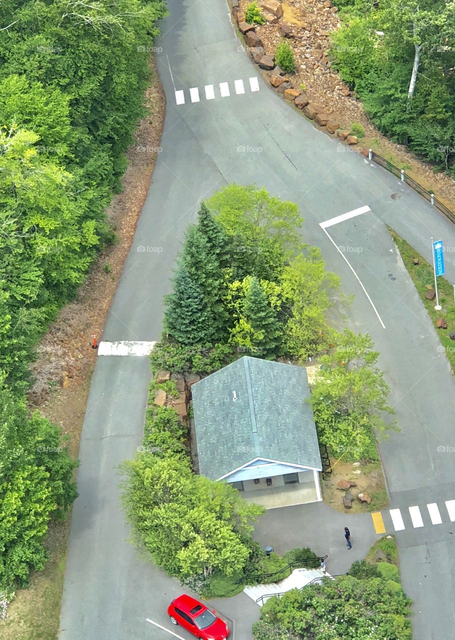 Aerial view of Penobscot Valley and a forested landscape of greenery, road, parked car and the rooftop of a built structure, shot from top of Penobscot Narrows Bridge Tower Observatory, the tallest in the world of its kind.