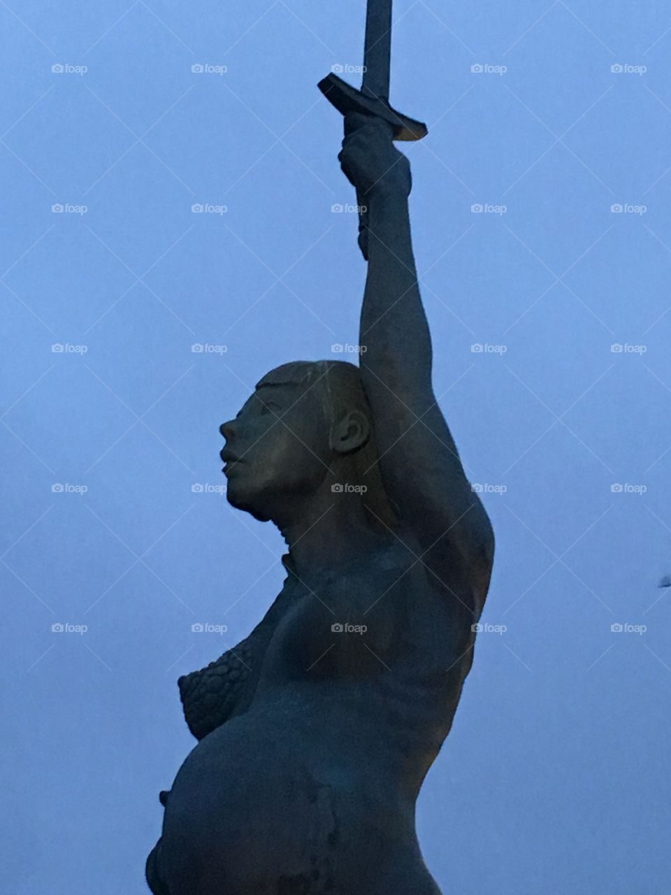 Close up of the Verity sculpture in Ilfracombe, North Devon. She stands tall looking over the harbour and looking out to Wales. 
