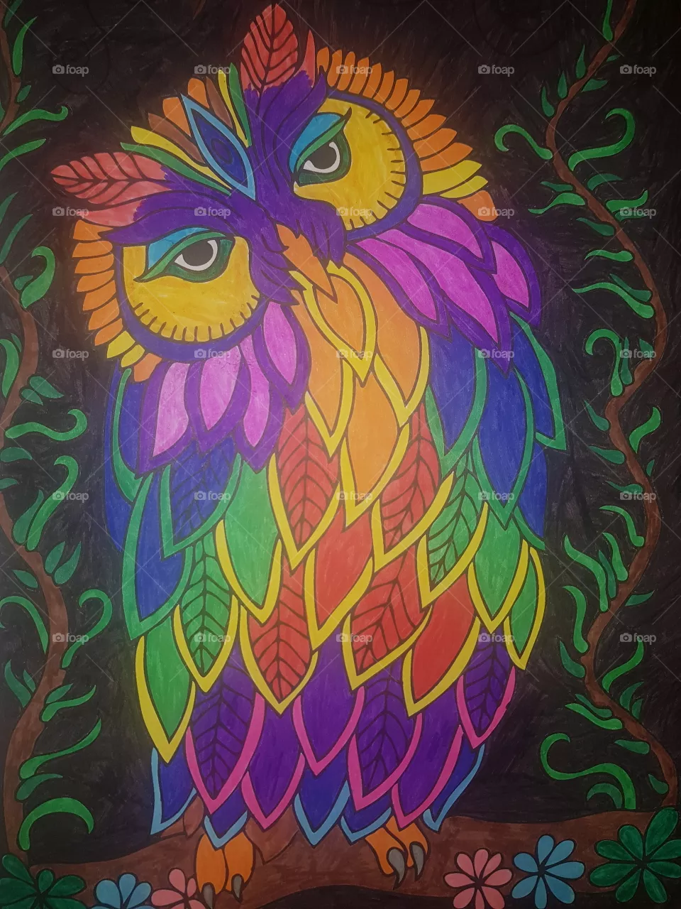 Colored fantasy owl, art.