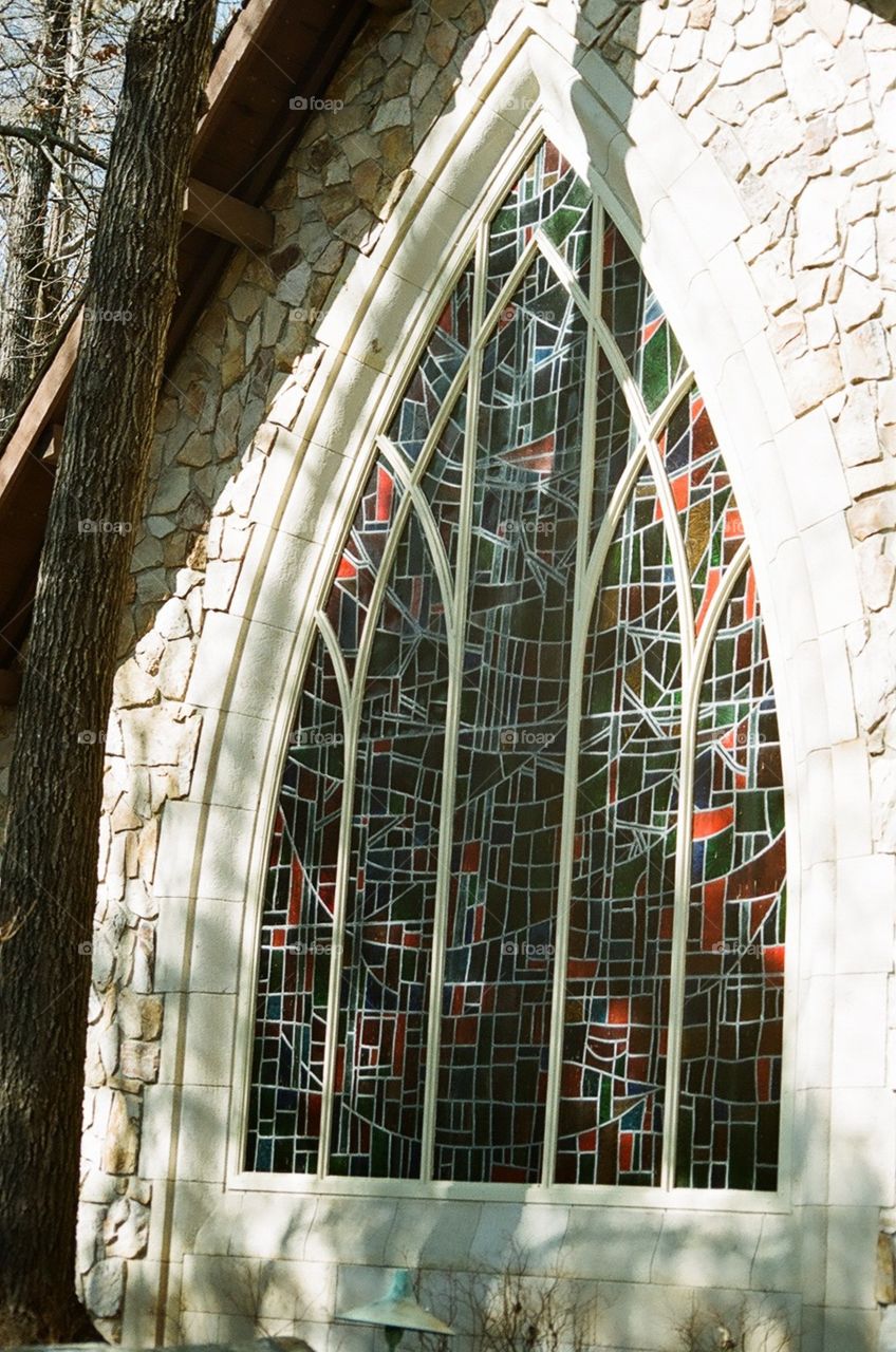 Church Stained Glass. Small church in Georgia. 