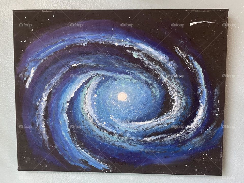 Homemade spiral Galaxy acrylic painting with purple and blue colors and a shooting star