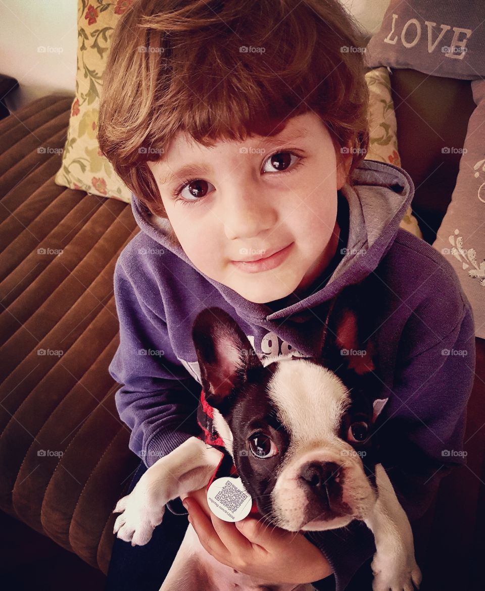 Boy holding boston terrier puppy