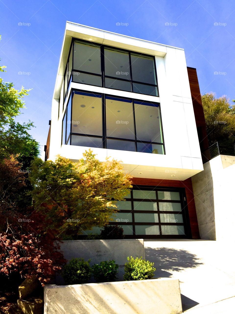 Modern architecture . Spring time sun puts a modern home in a glowing light