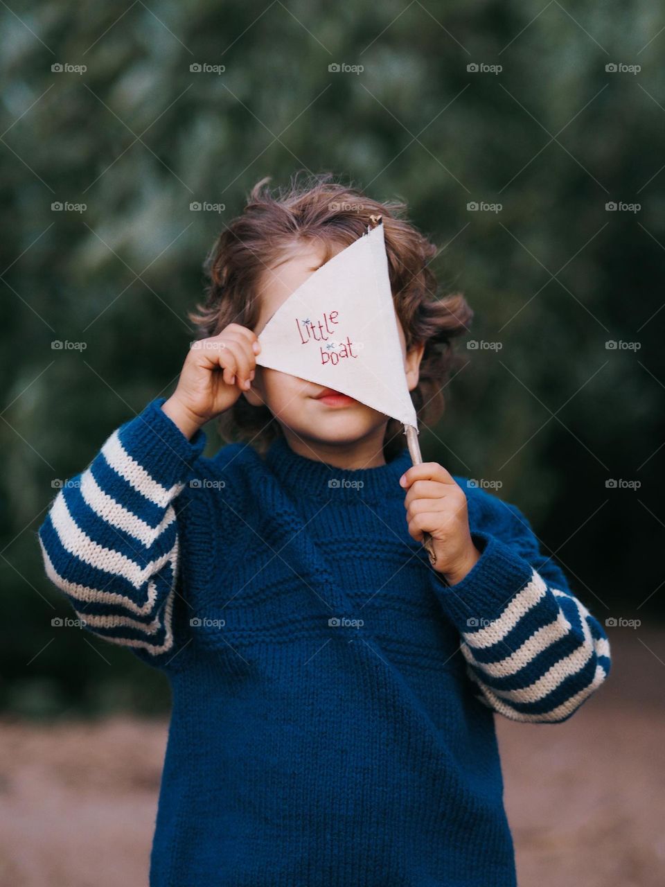 Portrait of a cute little boy with curly hair in a blue knit sweater, holding a small triangular flag covering his face, portrait of child.