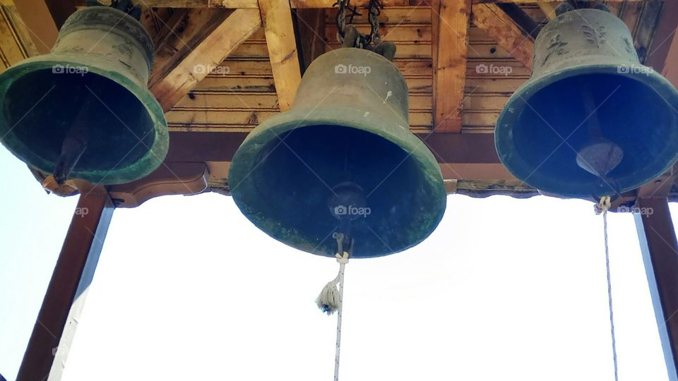 Close-up of the three bels in St Vlasios Monastery,Greece