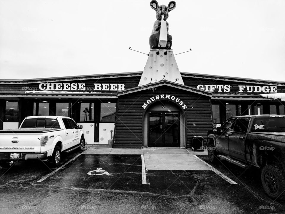 Mousehouse cheese shop in Wisconsin. Fun place to visit. This was an overcast, snowy, day.