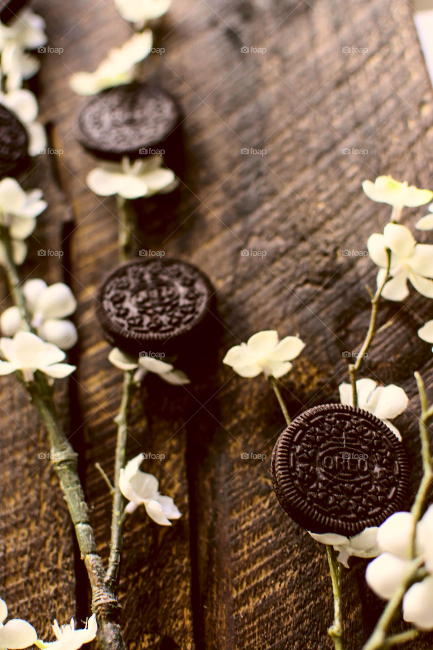 Even Nature loves Oreos - conceptual spring flower cherry blossom with Oreo Cookies product lifestyle art Photography 