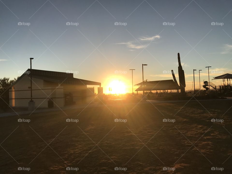 Arizona desert and building sunset