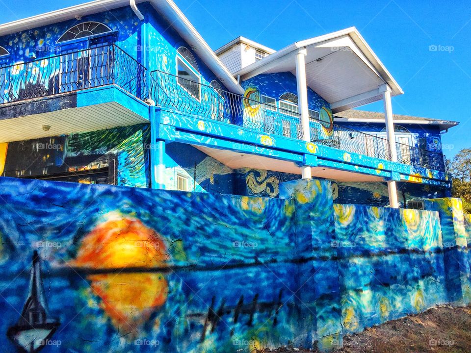 House painted entirely with a Vincent Van Gogh Starry Night theme in Mount Dora Florida 