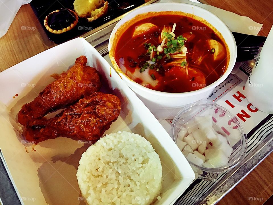 Korea food is spicy chicken with kimchi soup