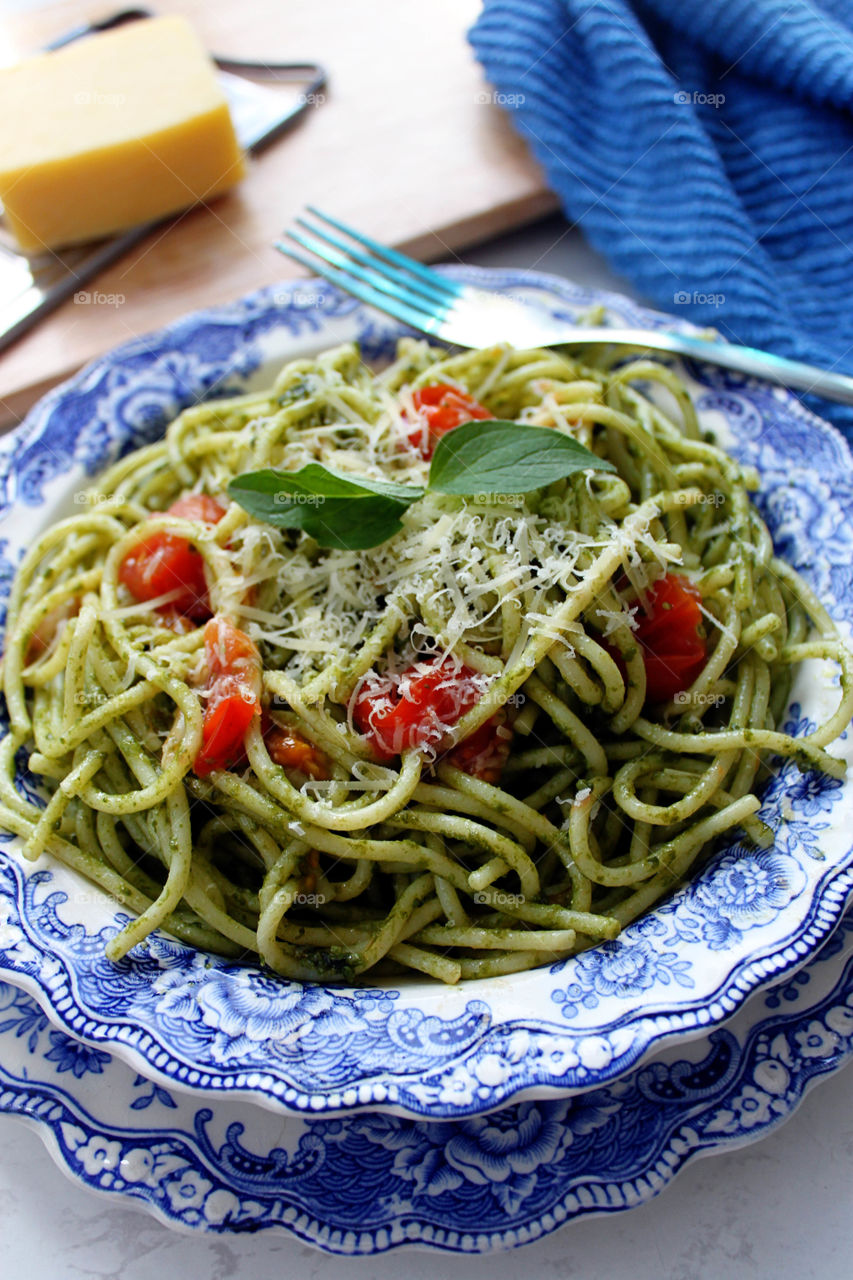 High angle view pf pasta on plate