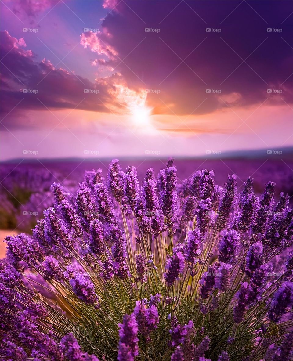 Fields of lavender in full bloom under a purple sky, creating a serene and magical atmosphere that transports you to a dreamlike landscape full of tranquility and natural beauty.