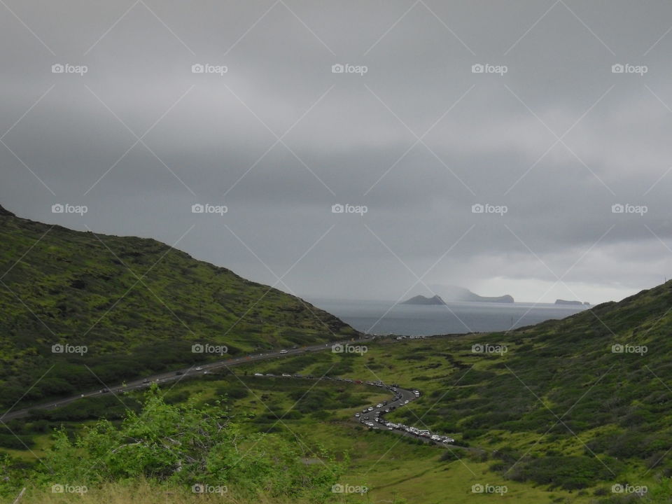 Foggy view towards Makapuu Lookout. 