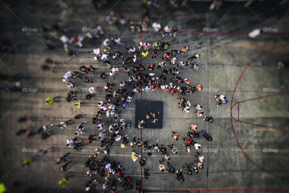 Drone aerial view from above of People crowd